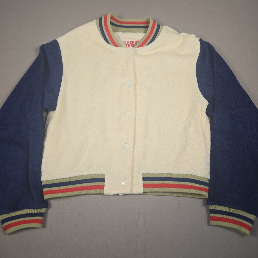 Cherry LA "Cherry Terry" Cotton Bomber Jacket Size 1 (Small) Cream and Navy Blue